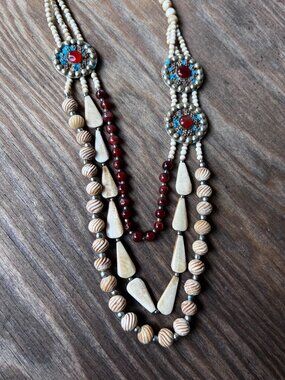Vintage Tribal Style Multi Strand Beaded Necklace 18” Red Blue White Boho
